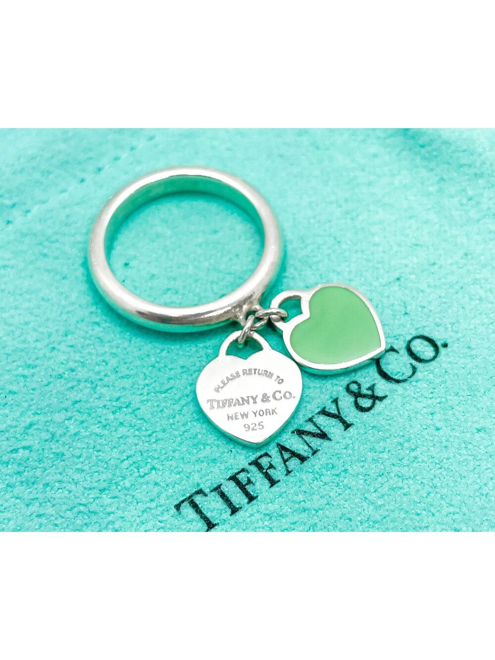 Tiffany & Co. Return to Tiffany Blue Enamel Double Heart Dangle Ring Size 5.25